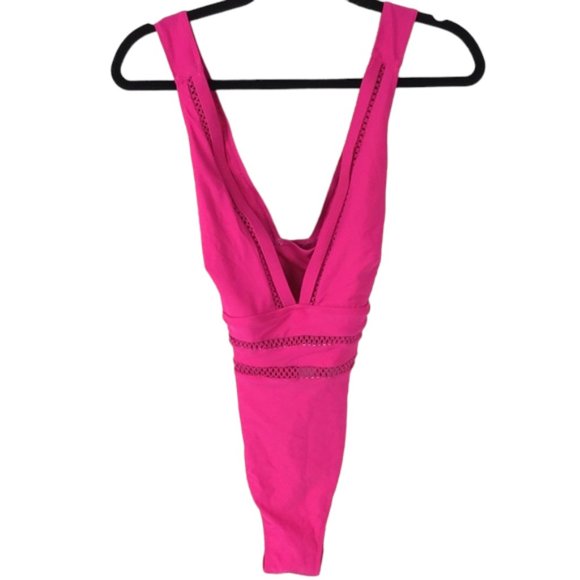 NWOT Pink One piece Swim suit racer back V-neck size Large - Picture 1 of 5